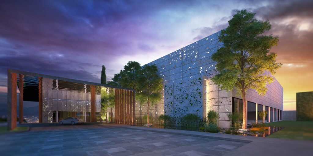 a building with trees and a stone wall