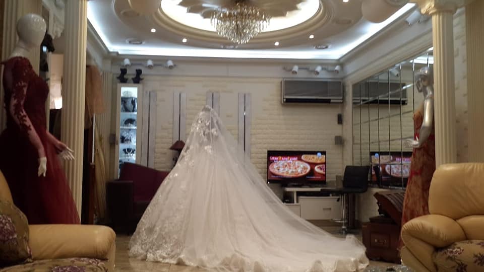 a wedding dress in a room