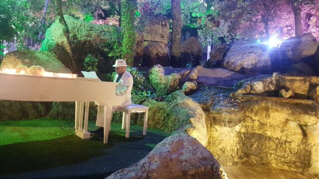 a man playing a piano in a garden