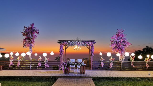 a wedding venue with flowers and lights