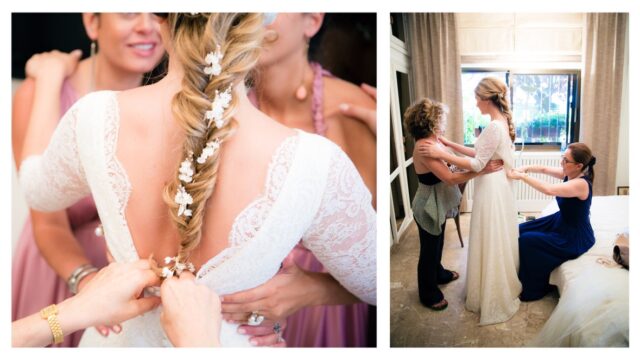 a woman tying a braid on a bride's back