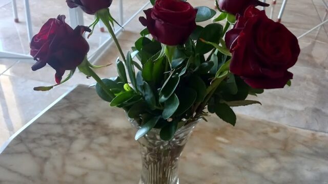 a vase of red roses on a marble table