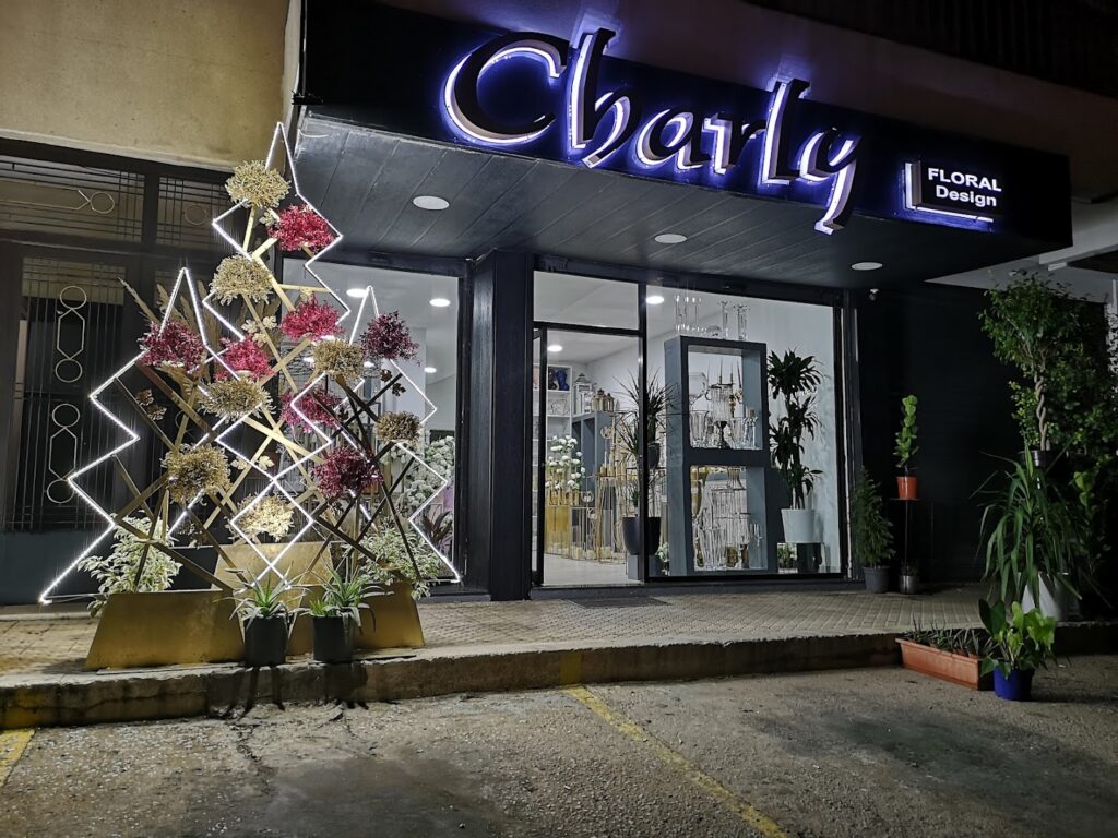 a store front with a christmas tree in front of it