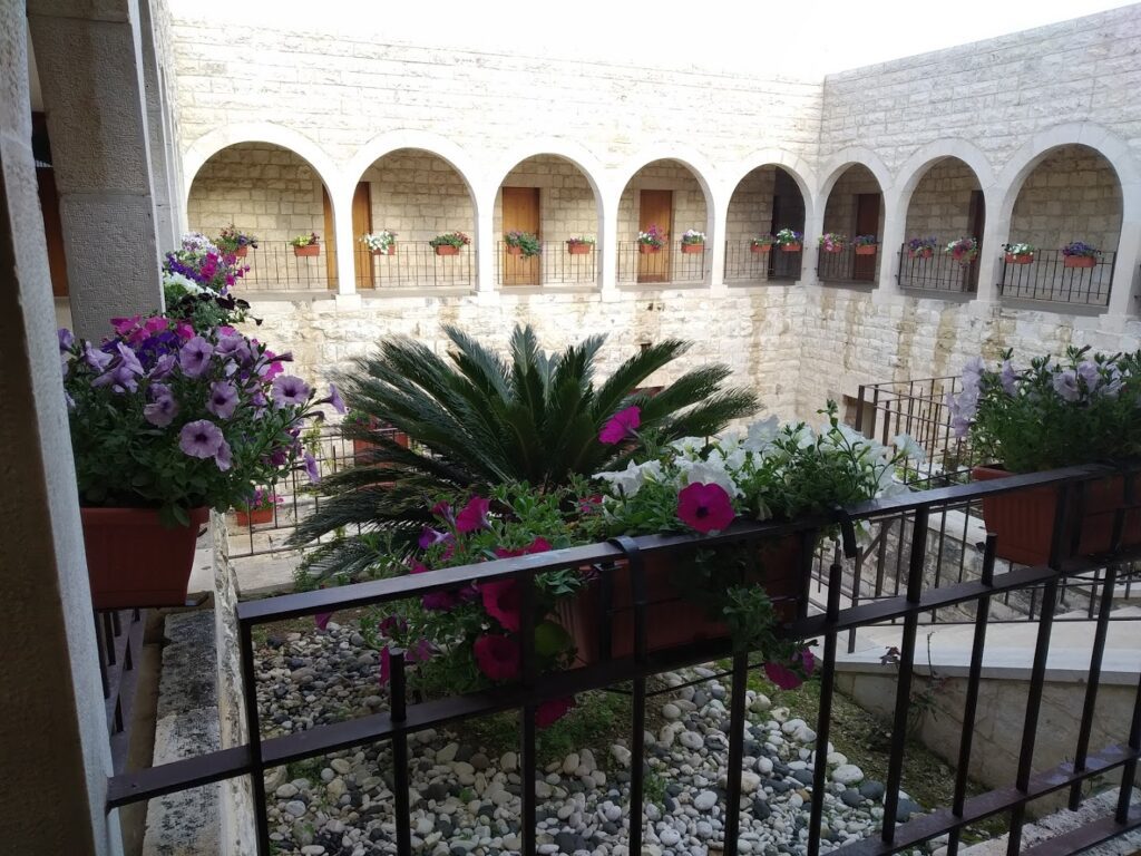 a courtyard with a group of flowers