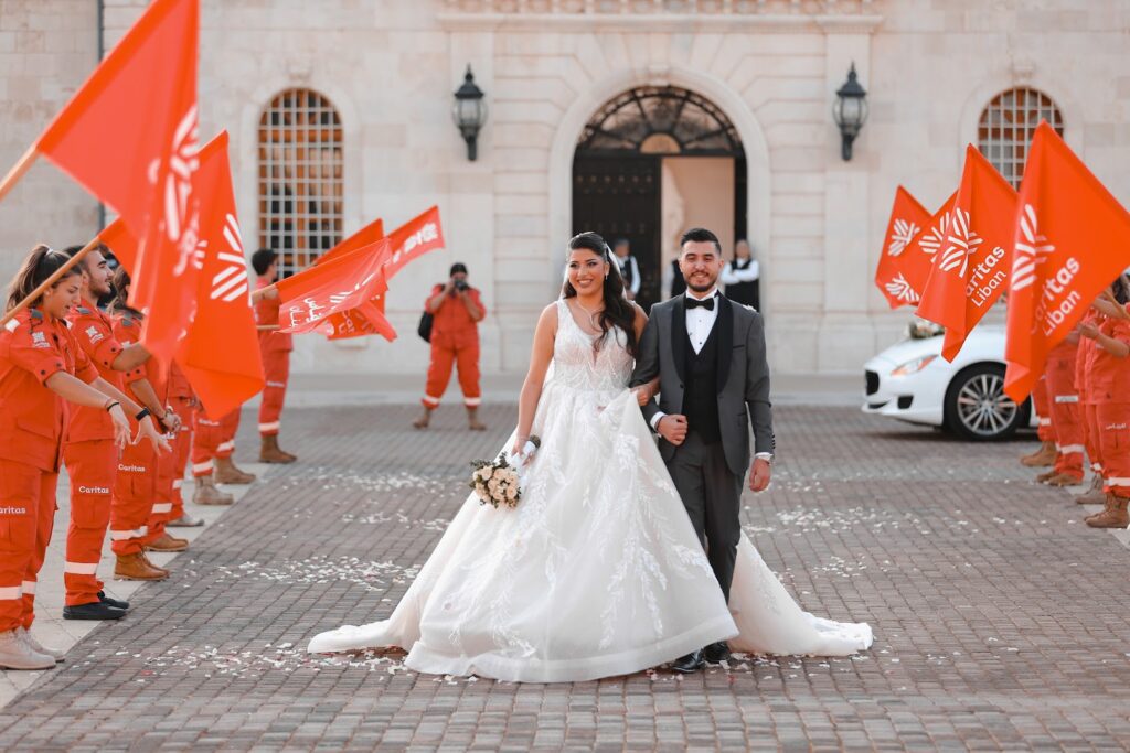 a man and woman in a wedding dress