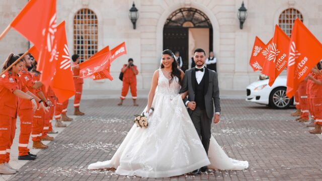 a man and woman in a wedding dress