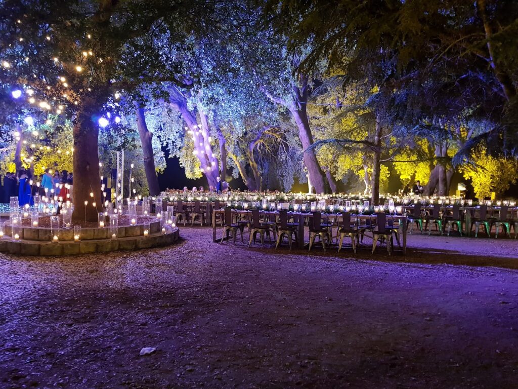 a group of tables and chairs with lights in the trees