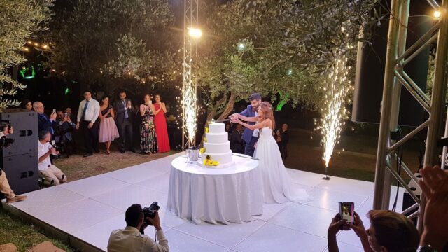 a couple cutting a cake at a wedding