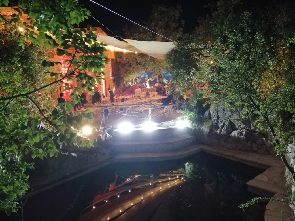 a small pond with lights and trees at night