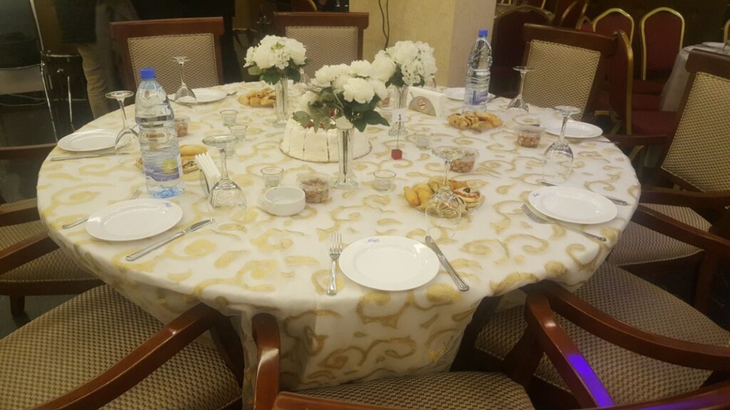 a table with food and water bottles on it