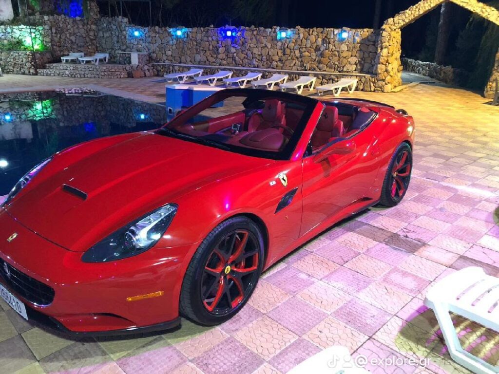 a red sports car parked next to a pool