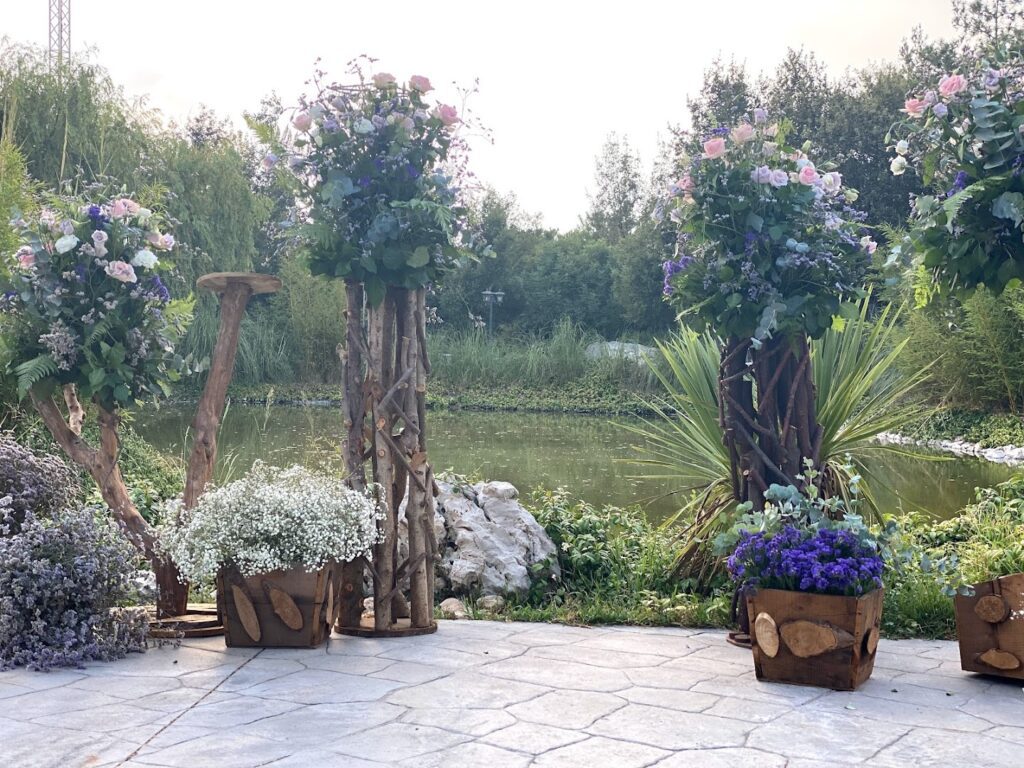 a group of flowers on a patio