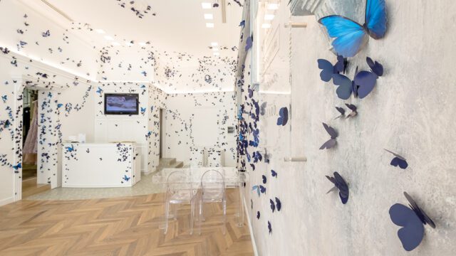 a room with blue butterflies on the wall