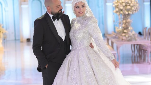 a man and woman in a wedding dress