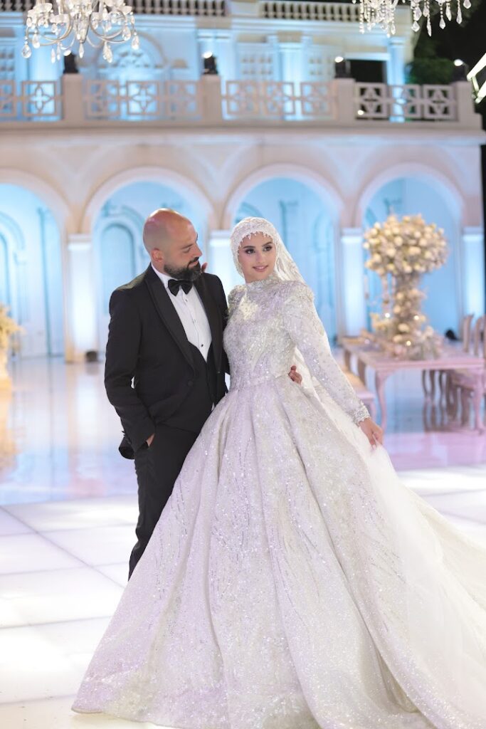 a man and woman in a wedding dress