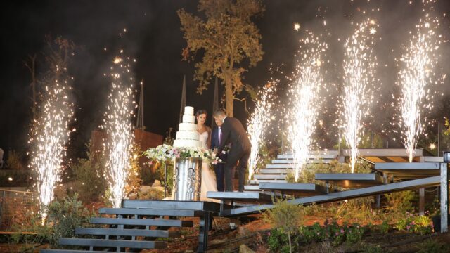 a couple standing on stairs with fireworks in the background