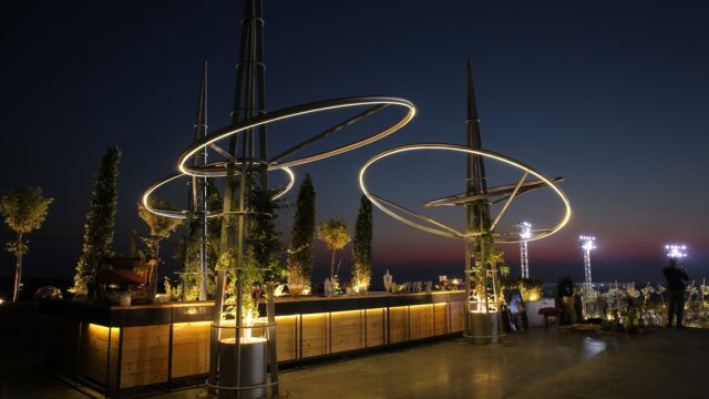 a rooftop bar with a group of trees and a building with lights