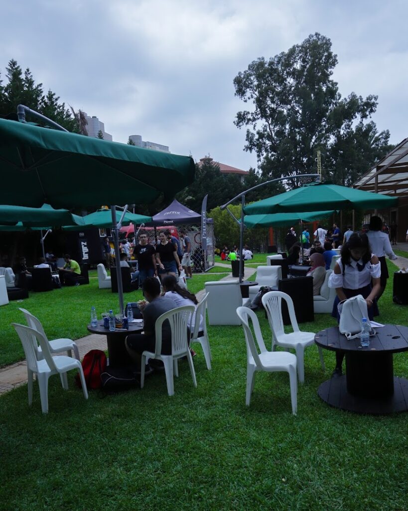 a group of people sitting at tables and chairs in a park