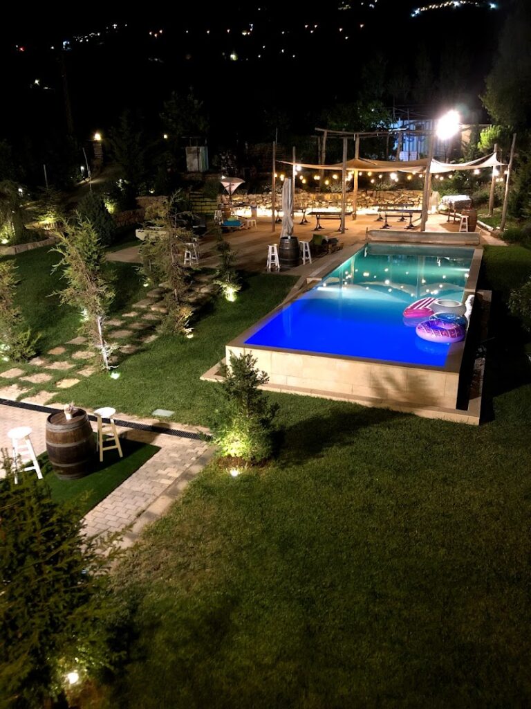 a pool with lights and trees