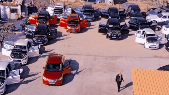 a man walking in a parking lot with cars