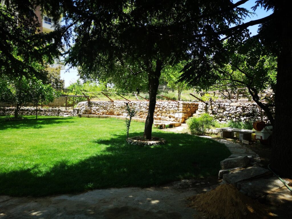 a grass field with trees and a stone wall