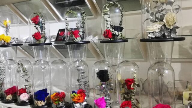 a group of glass domes with flowers on them