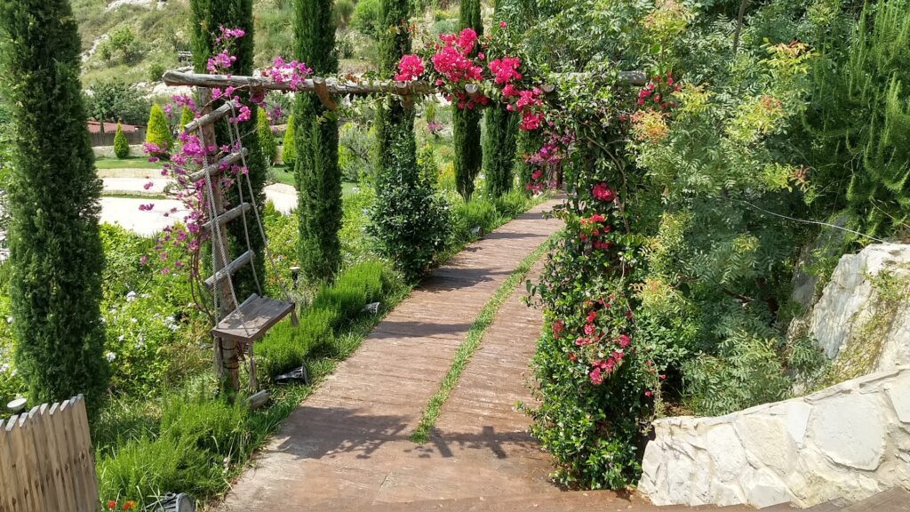 a path with a wooden structure with flowers