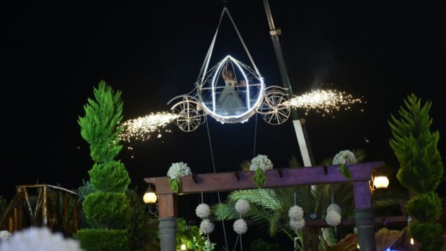 a woman in a dress in a carriage with fireworks