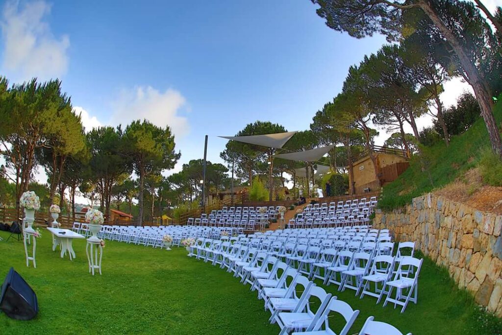rows of white chairs in a grassy area