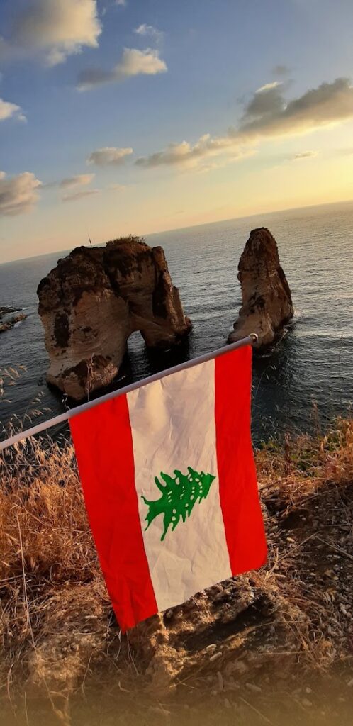 a flag on a pole by a body of water