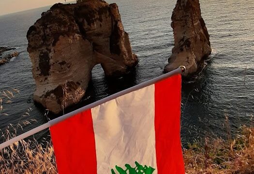 a flag on a pole by a body of water