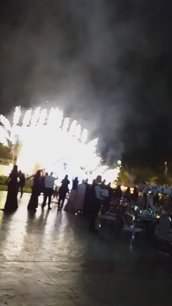 a group of people standing in front of a fireworks display