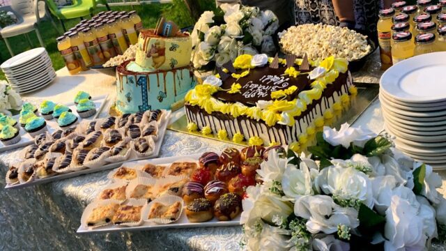 a table with food and drinks