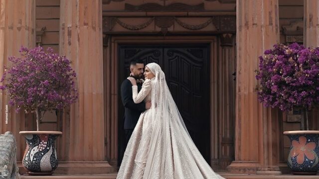 a man and woman in a wedding dress