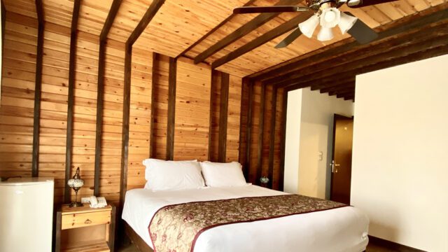 a bed in a room with wood walls and ceiling fan