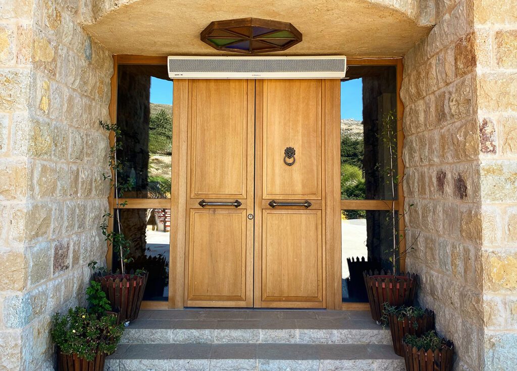 a double doors in a stone building
