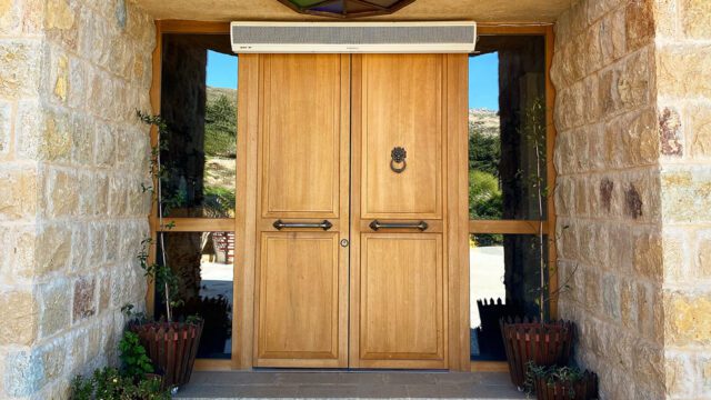 a double doors in a stone building