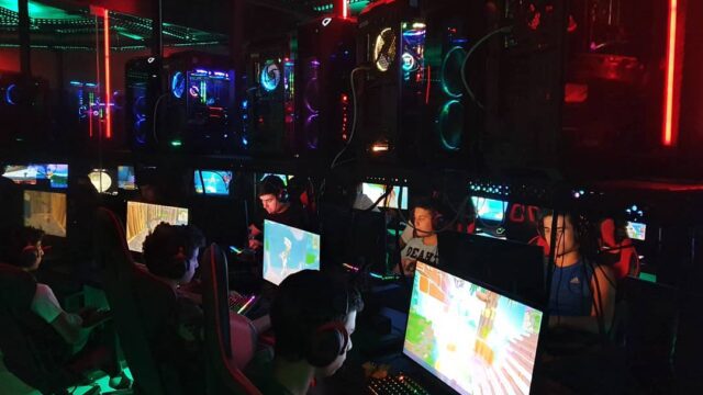 a group of people playing a video game