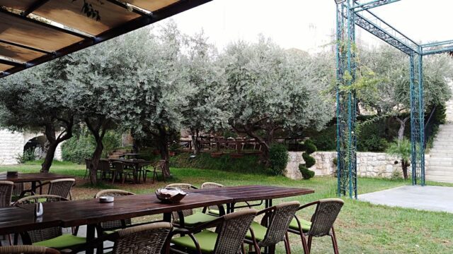 a table and chairs outside