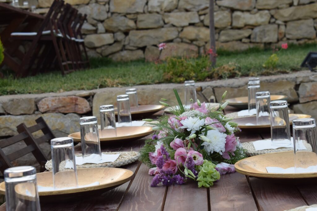 a table with plates and glasses on it