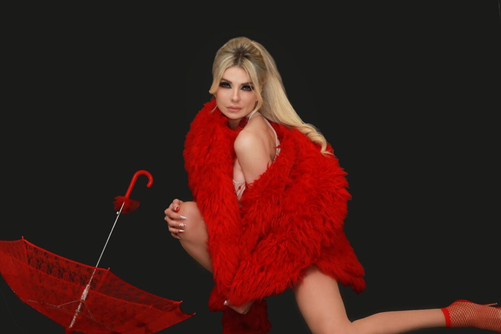 a woman in a red fur coat