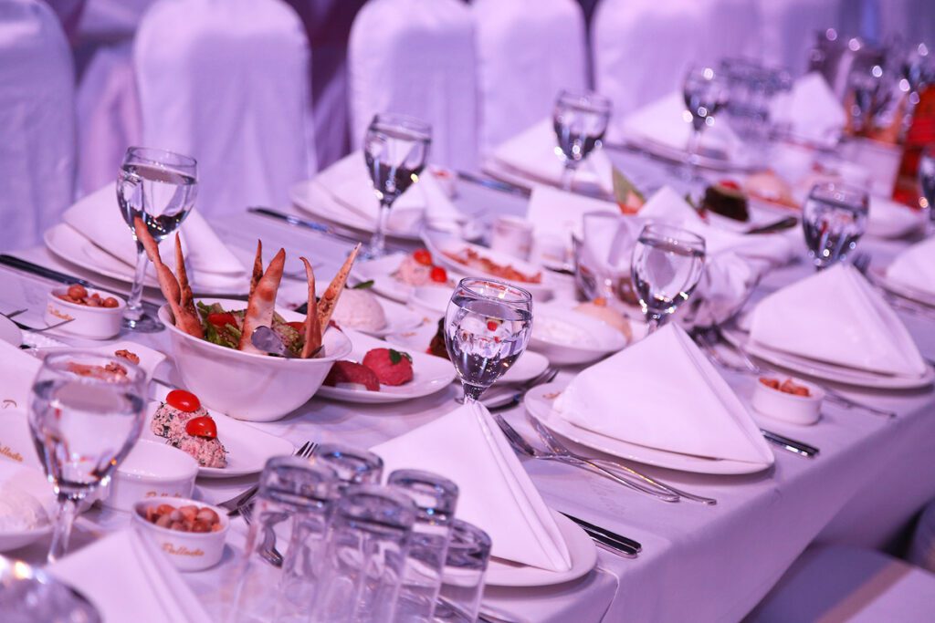 a table with plates and glasses on it