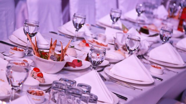 a table with plates and glasses on it