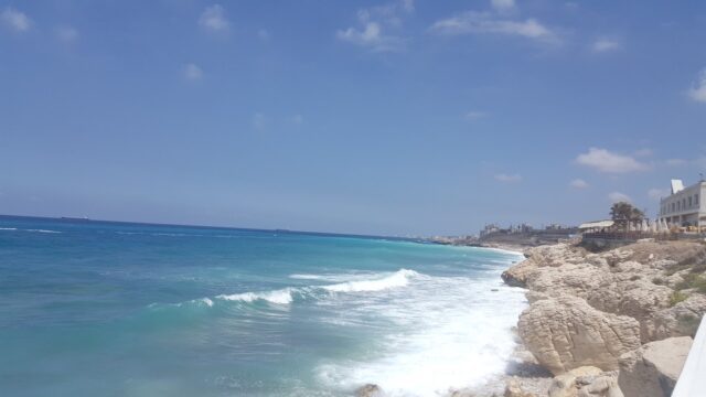 a rocky beach with blue water and buildings