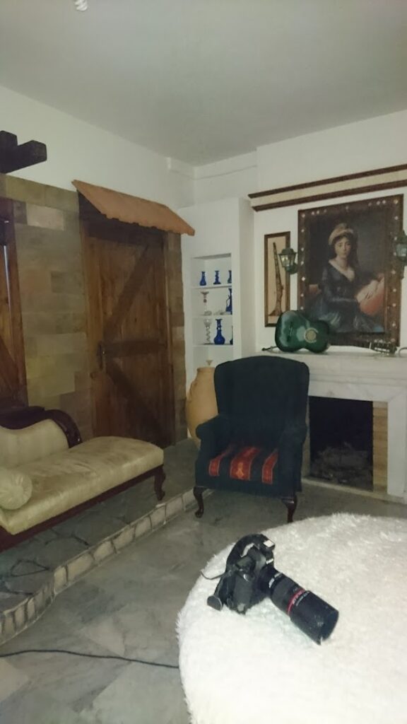 a room with a fireplace and a painting on the wall