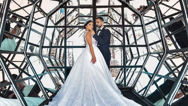 a man and woman in a wedding dress