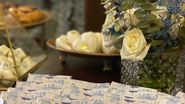 a table with white and blue objects