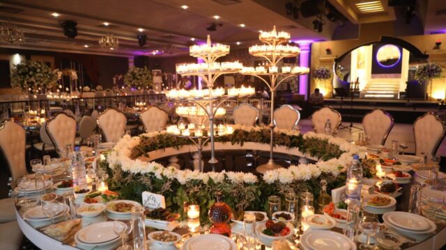 a table with food and candles