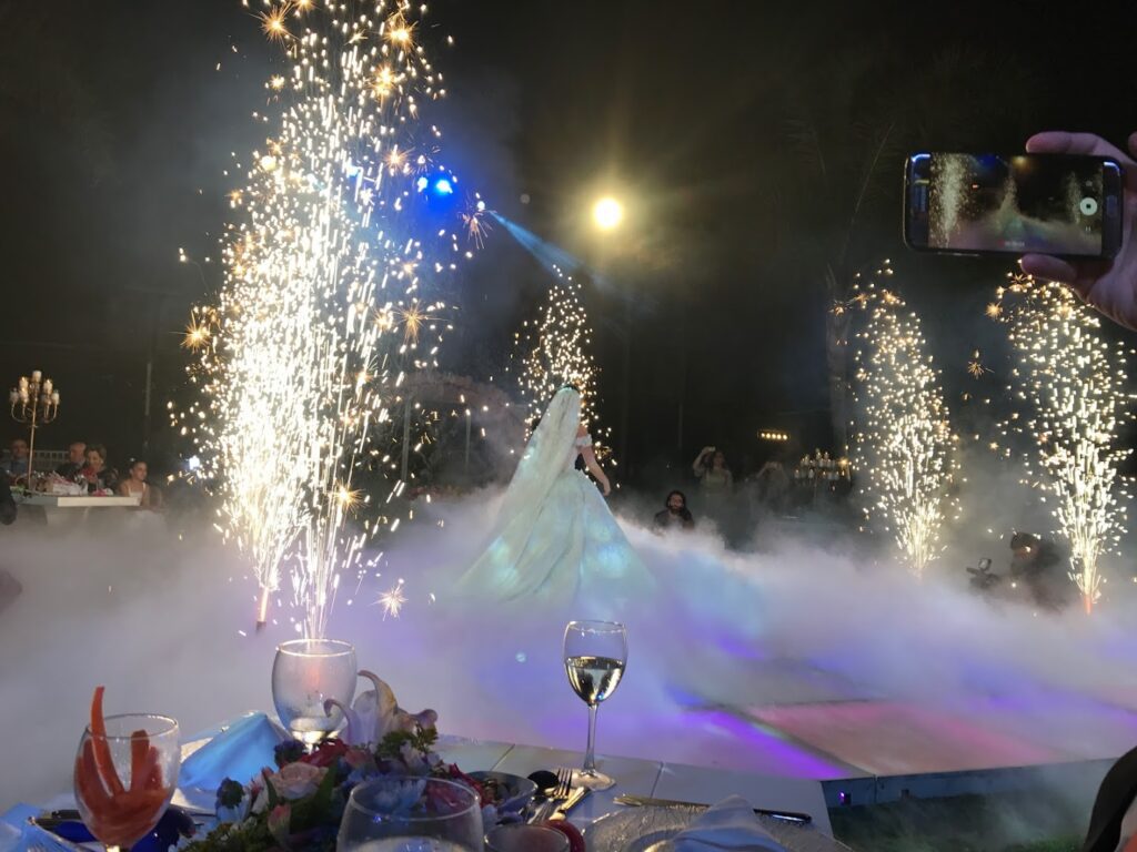 a woman in a wedding dress with fireworks in the background