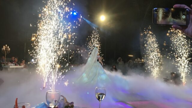 a woman in a wedding dress with fireworks in the background